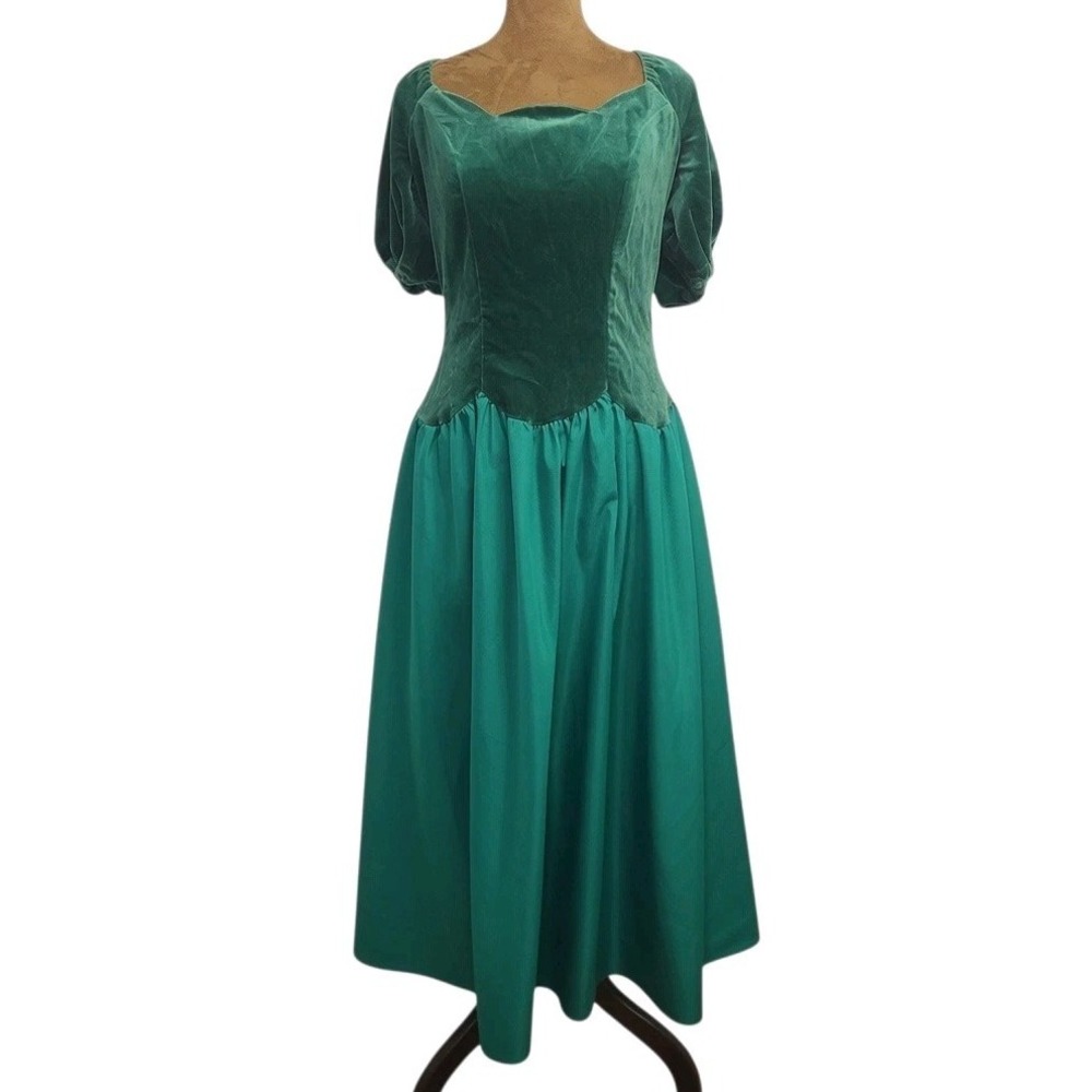 Vintage House of Bianchi Emerald Green Velvet & Taffeta Dress 80's Sweetheart